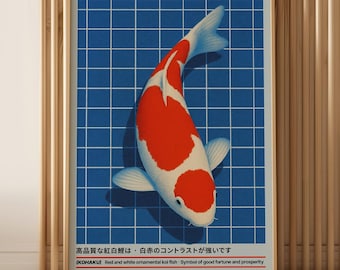 Pôster de Carpa Koi Kohaku – Arte de Parede Japonesa Vintage, Impressão de Carpa Koi Vermelha e Branca, Decoração Asiática com Peixes, Símbolo de Fortuna e Prosperidade