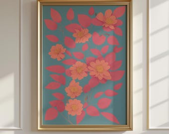 Petal Voltage Study – Peach and Coral Floral Botanical Print, Pink Leaves on Blue Background, Digital Download Wall Art