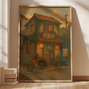 Spirit Shop at Dusk – Ghibli-Inspired Japanese Poster, Studio Ghibli Style Wall Art, Spirited Away Aesthetic, Cozy Anime Street Scene