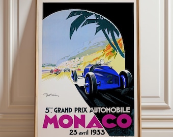 Monaco Grand Prix Poster - 1933 Vintage Racing Print, Art Deco Motorsport Wall Decor, Formula 1 Artwork, Monte Carlo Historic Auto Race