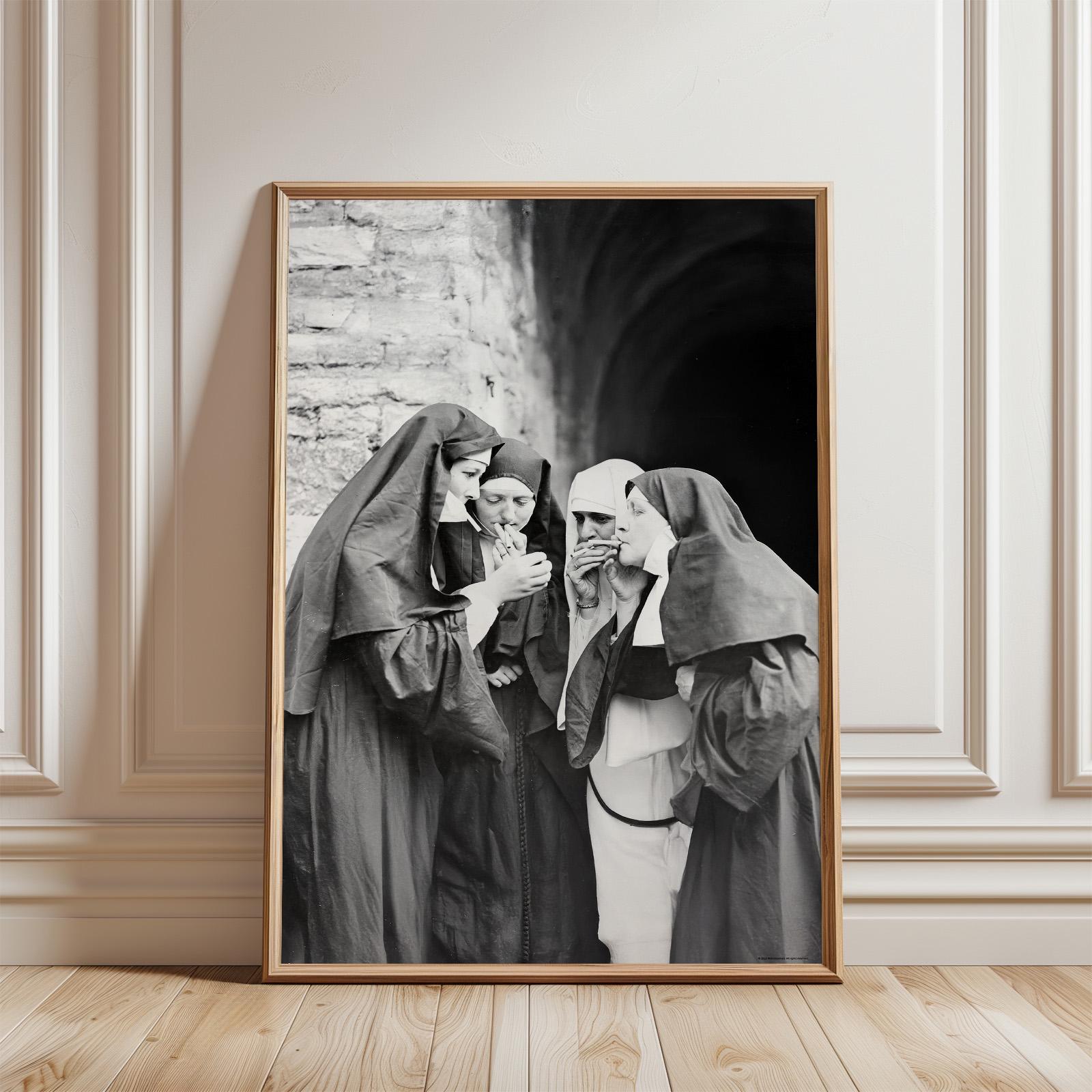 Bad Habits - Smoking Nuns Print, Black & White Vintage Photo Poster, Retro Cigarette Smokers for Home or Office, Funny Catholic Wall Art