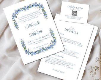 May include: Wedding invitation suite featuring a floral design in blue. The invitation includes the names "Nicole and Adam", date, time, and location. A smaller RSVP card and details card are also included. The suite is on a white background.