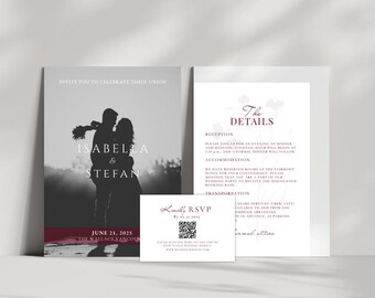 May include: Wedding invitation suite featuring a black and white photograph of a couple on the front. The invitation includes the couple's names, "Isabella & Stefan", the date "June 21, 2025", and the location "The Wallace, Vancouver". The details card provides information about the reception, accommodation, and transportation. The RSVP card includes a QR code.