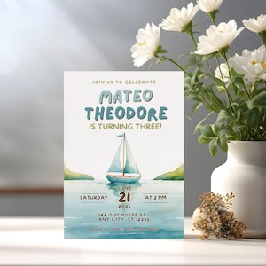 Sailboat Birthday Invitation | Canva Editable Nautical Invite | Digital Download | KID-012