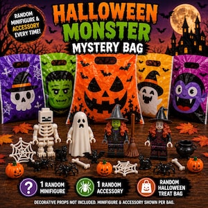 May include: A Halloween Monster Mystery Bag set featuring five colorful plastic treat bags with spooky designs, four assorted minifigures including a skeleton, ghost, and two witches, plus miniature accessories like spiders, pumpkins, and a cauldron.