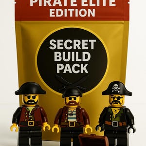 May include: A Pirate Elite Edition Secret Build Pack with three pirate figures, a treasure chest, and colorful gems. The figures wear hats and jackets. The packaging is gold and brown with the text "PIRATE ELITE EDITION" and "SECRET BUILD PACK".