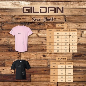 May include: A pink t-shirt and a black t-shirt are displayed on a wooden background, with a size chart for adult and youth sizes. The chart includes measurements for width, length, and sleeve length in inches.