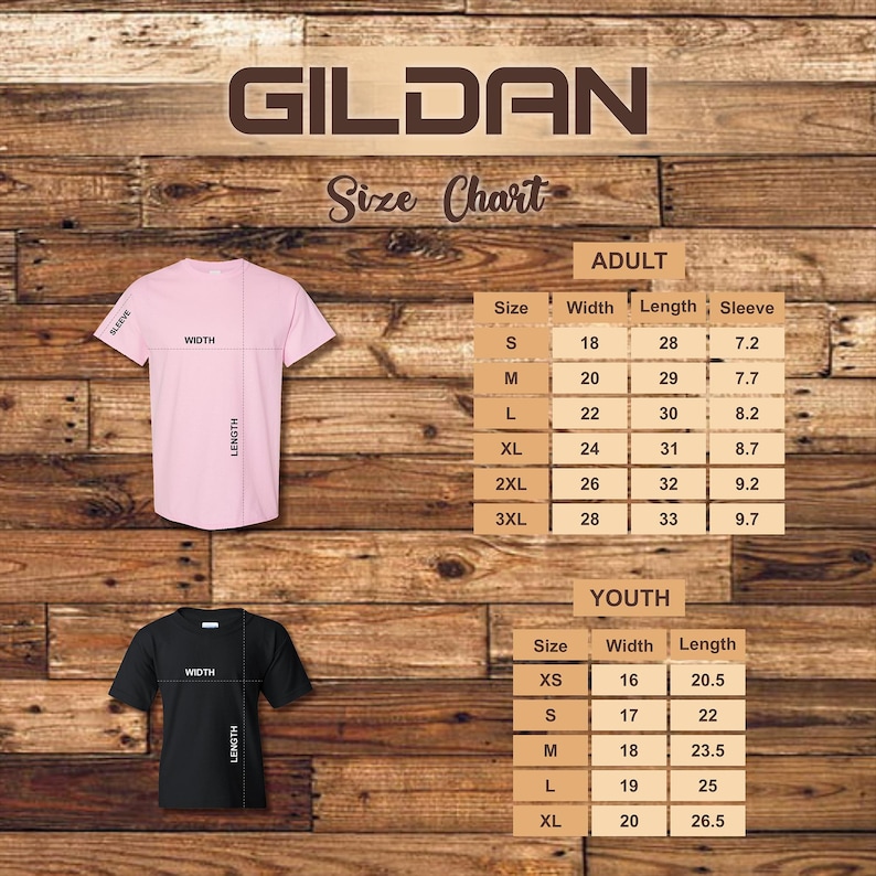 May include: A pink t-shirt and a black t-shirt are displayed on a wooden background, with a size chart for adult and youth sizes. The chart includes measurements for width, length, and sleeve length in inches.