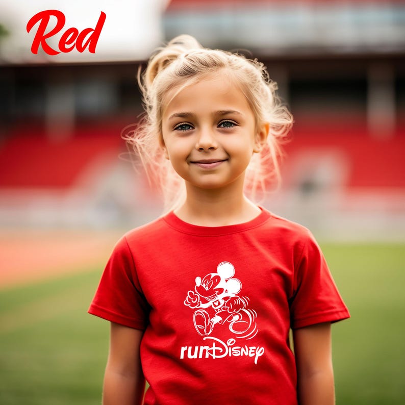 May include: A red t-shirt with a white graphic of Mickey Mouse and the text "runDisney". The word "Red" is written in red script in the upper left corner. The shirt is worn by a young girl with blonde hair.