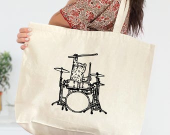 Cat Drummer Tote Bag, Cute Drum Cat Bag for Drummers, Cat Owner Drummer Dad Bag, Musician Gift for Cat Lovers, Rock Band Animal Tote