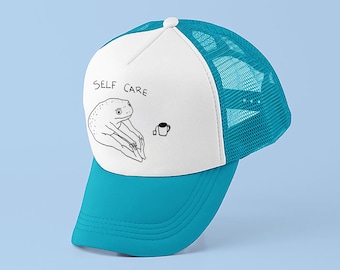 Self Care Funny Frog Foam Mesh-Back Trucker Cap, Self Care Cap, Positive Vibe Cap, Frog Lover Cap, Frog Doing Yoga Hat