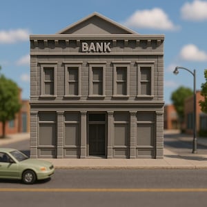 May include: A gray brick building with a sign that reads "BANK" above the entrance. The building has large windows and a door. The building is on a street with a car parked in front of it.