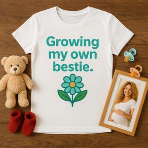 Koszulka ciążowa Growing My Own Bestie | Zabawna koszulka z ogłoszeniem o ciąży | Uroczy prezent dla przyszłej mamy | Miękka koszulka z napisem „Brzuszek dziecka” | Top dla przyszłej mamy
