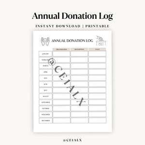 May include: Printable donation log with a table to track donations by month, organisation, description, and value. The table has columns for January through December. The header of the table says "Annual Donation Log".