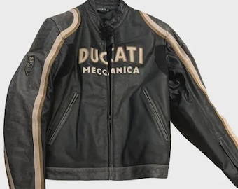 Ducati Meccanica Vintage Leather Motorcycle Jacket - Retro Cafe Racer Biker Gear - Distressed Black & Gold Armored Moto Jacket