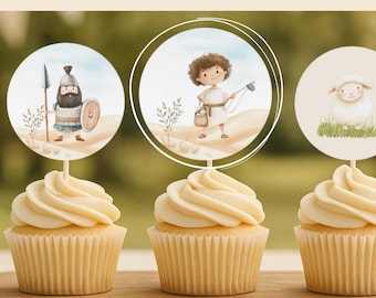 David and Goliath Cupcake Toppers: Faith-Based Party Decor (Printable Canva Template)