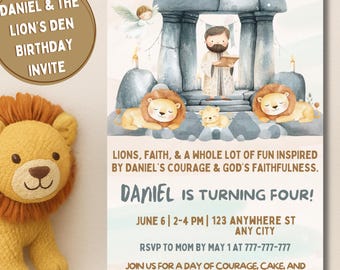 Invitación de cumpleaños de Daniel en el foso de los leones / Plantilla editable de Canva (digital)