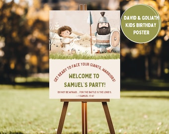 David and Goliath Birthday Welcome Sign: Faith-Based Party (Editable Canva Template)
