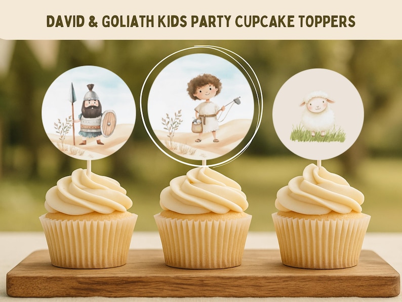 May include: Three cupcake toppers with images of a shepherd boy, a giant, and a sheep. The cupcake toppers are printed on white cardstock and have a round shape. The cupcake toppers are designed for a David and Goliath themed party. The text 'DAVID & GOLIATH KIDS PARTY CUPCAKE TOPPERS' is printed at the top of the image.