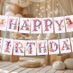 Guirlanda de primeiro aniversário FAIRY | Faixa 5x7" | Bandeirinhas rosa e roxas | Decoração de festa para imprimir | Qualquer idade | Cottagecore Girly | Editável no Canva