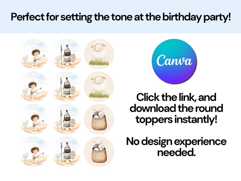 May include: A set of 10 printable round cupcake toppers featuring a watercolor illustration of a shepherd, a sheep, and a basket of eggs. The toppers are perfect for a birthday party.