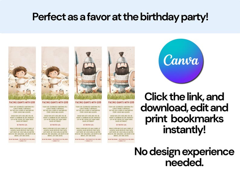 David and Goliath Bookmarks: Faith-based Party Favors (editable Canva ...
