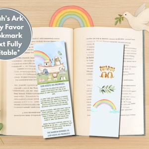 Noah’s Ark Bookmark Party Favor | 2x7&quot; Double-Sided Bookmark | Baptism | Baby Shower | Neutral | Two-by-Two | Editable Canva Template