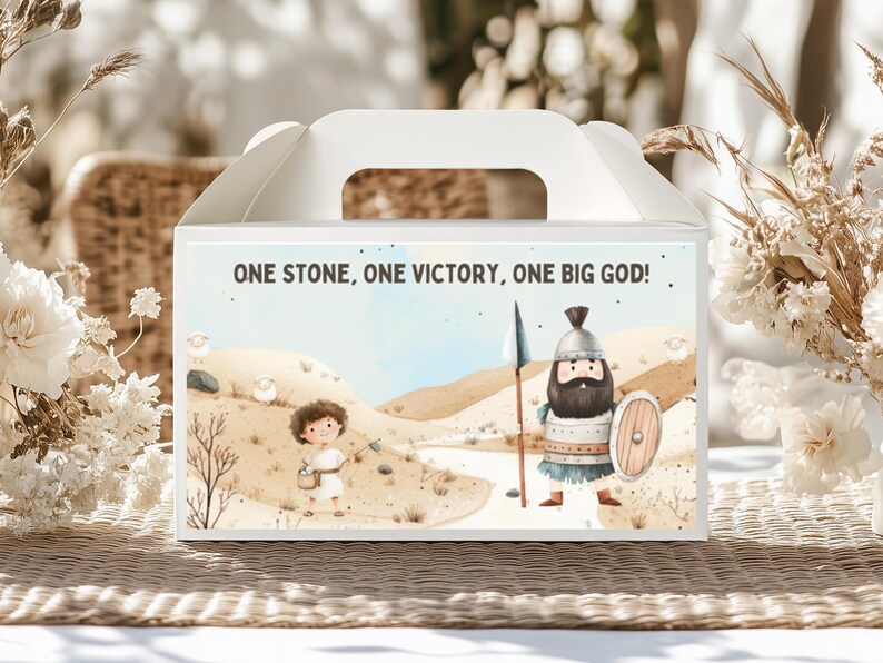 David and Goliath Favor Box Stickers: Editable Kids Birthday Labels ...