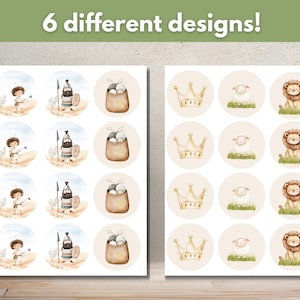 May include: Two sheets of paper with 6 different designs of round stickers. The designs include a lion, a crown, a sheep, a basket of eggs, a knight, and a knight with a shield. The text "6 different designs!" is at the top of the page.