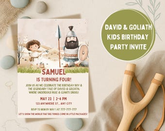 May include: A colorful invitation for a child's birthday party featuring a cartoon illustration of David and Goliath. The invitation is for Samuel's 4th birthday party and includes the date, time, and location of the event. The text on the invitation reads "Samuel is turning four! Join us as we celebrate the birthday boy & the legendary tale of David & Goliath: where underdogs rule & giants drool! May 23 | 2-4 PM 123 Anywhere St., Any City RSVP to Mom by May 1 at 777-777-777 Let's show the world that big things come in little packages!"