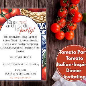 Invitación a una fiesta de tomates: Cena italiana con temática mediterránea (Plantilla imprimible y digital de Canva)