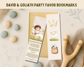 May include: Two bookmarks with illustrations from the story of David and Goliath. One bookmark features a young boy with a slingshot and the text "Facing Giants with God". The other bookmark features a crown, a sheep, and a bag of stones.