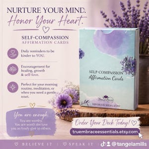 May include: A box of Self-Compassion Affirmation Cards with a watercolor design. The box features text that reads "Nurture Your Mind. Honor Your Heart." and "You are enough." The deck is designed for daily reminders, healing, and self-love.