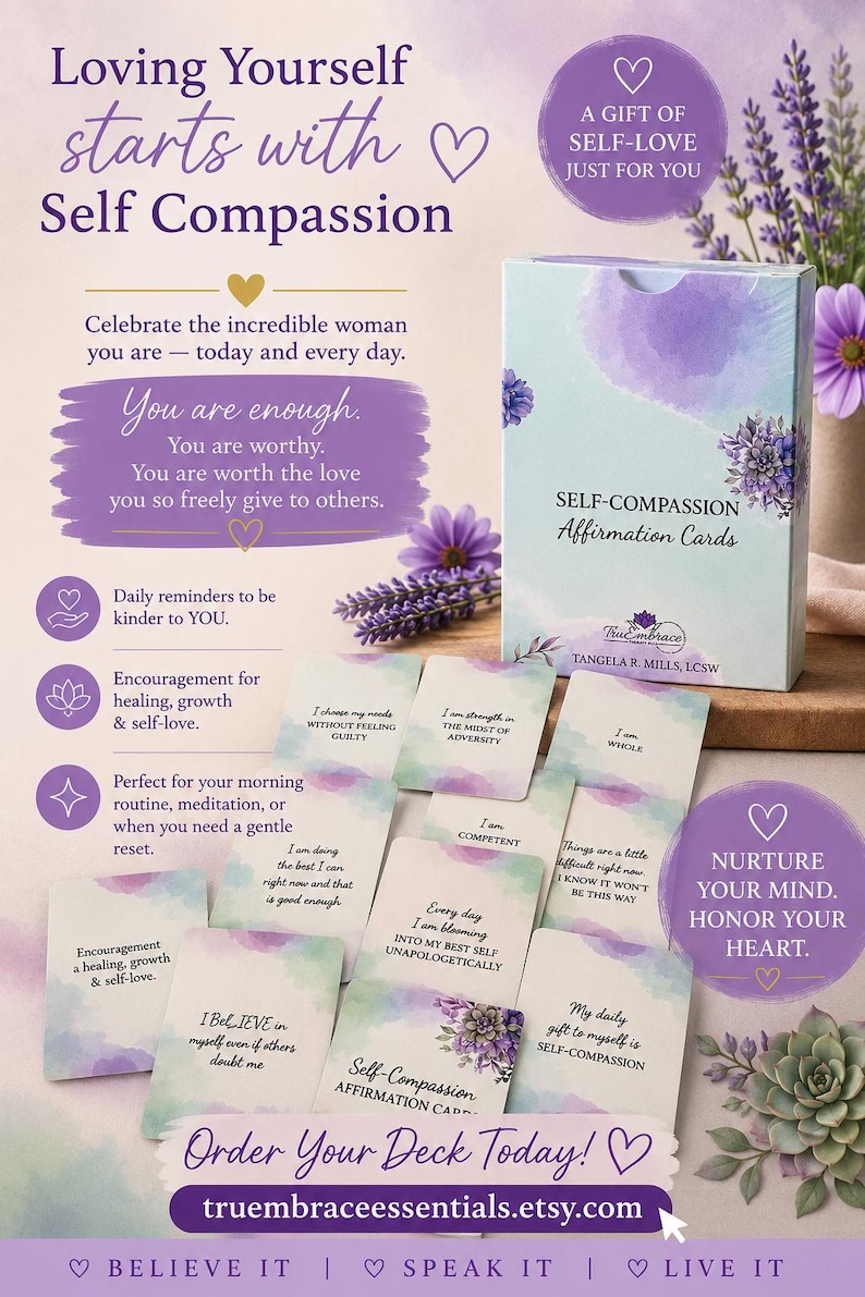 50 Self-Compassion Affirmation Cards for Self-love, Self-forgiveness, Positive thinking, Inspiration, and Healing image 1