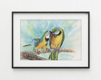 Macaw Parrots Giclée Print, Bird Watercolor Painting