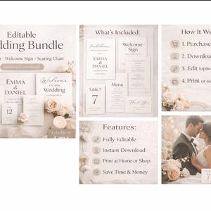 Modèle de lot de mariage minimaliste, suite canva modifiable (invitation, enseigne, programme)