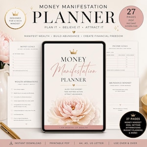 May include: A digital money manifestation planner with a floral design and the text "Money Manifestation Planner." The planner includes sections for money goals, wealth affirmations, and income goals. It is designed for a rich mindset and includes 27 pages.