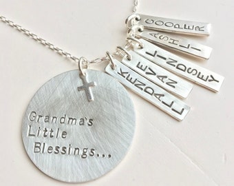Grandma's little blessings necklace, sterling silver grandchild jewelry,  stamped family necklace, Meme, Nana, Nani, baby jewelry