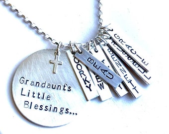 Grandaunt, Auntie, Aunt's little Blessings personalized stamped necklace, sterling silver names niece nephew hand stamped, Godmother jewelry