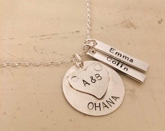 Ohana family necklace,Hawaiian love necklace , personalized kids jewelry, name jewelry, hand stamped sterling silver necklace