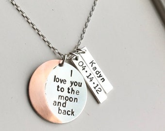 I love you to the moon and back necklace, silver and copper stamped necklace, personalized name necklace, children's names family jewelry