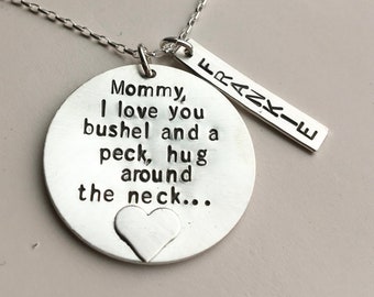 I Love you a bushel and a peck, silver stamped necklace, children's names personalized mommy necklace, mothers day family necklace
