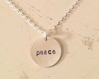 Peace, Simple stamped necklace, sterling monogram, name, anniversary gift, silver charm necklace, push gift mom, friend gift