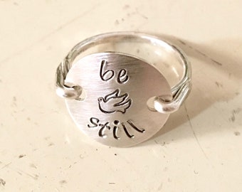 Be still, Sterling silver Ring, Gold, Initial, stamped monogram jewelry, engraved ring, personalized ring, name ring, wire wrapped ring