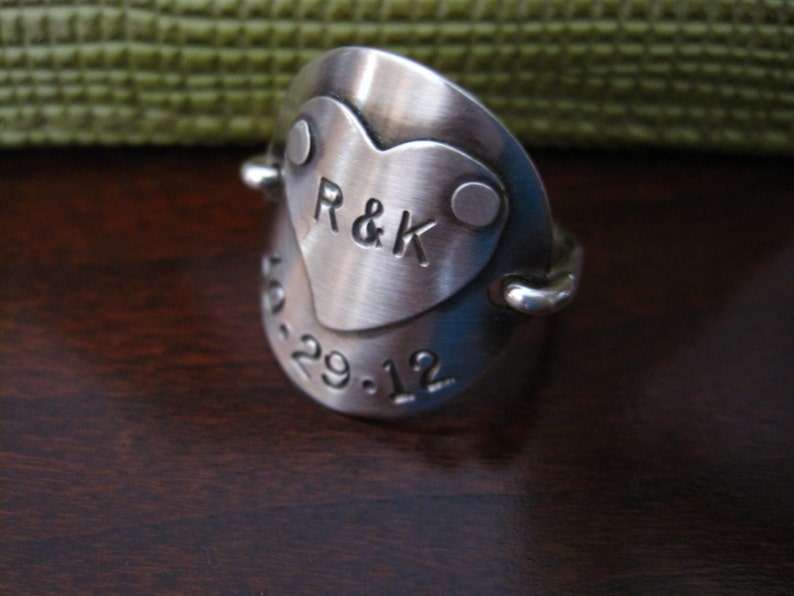 Large Sterling Silver Stamped Ring With Date and Initials Etsy
