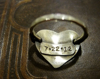 Sterling silver or Gold stamped heart ring, anniversary date, initial, customized, boyfriend wedding ring, engraved ring, name ring