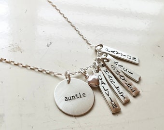 Stamped jewelry, Auntie, Aunt necklace, sterling silver stamped necklace, family jewelry,  niece or nephews names, engraved jewelry