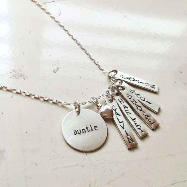 Stamped jewelry, Auntie, Aunt necklace, sterling silver stamped necklace, family jewelry,  niece or nephews names, engraved jewelry