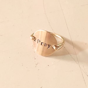 Gold Initial Ring,Religious jewelry, Pray, religious jewelry, engraved ring, monogram, word, hand stamped round Silver ring, inspriational