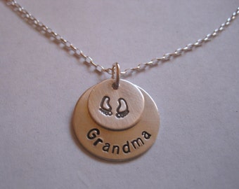 Grandma, Nana, Grammie, stamped sterling silver necklace with baby feet, grandchild, engraved necklace, family necklace birth jewelry